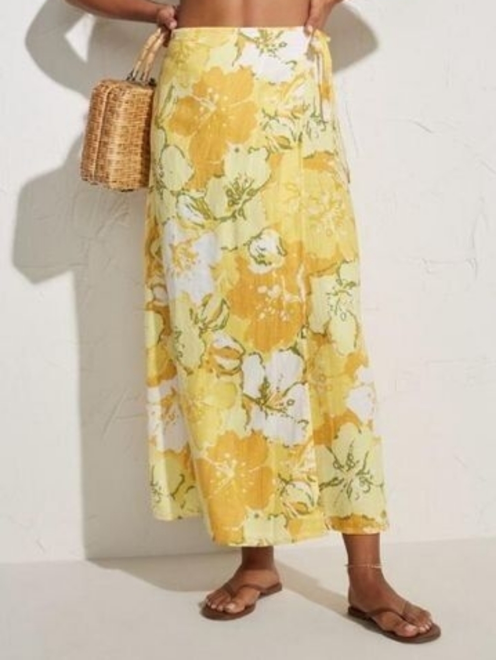 Faithfull the Brand  Women's Yellow Elodia Floral Linen Midi Wrap Skirt, Size 8